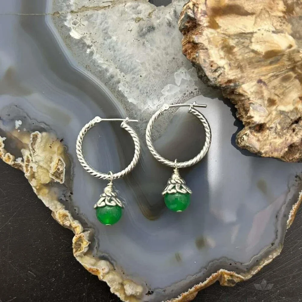Carolyn Pollack Sterling Twisted Hoop w/Green Jadeite Dangle Earrings For Women